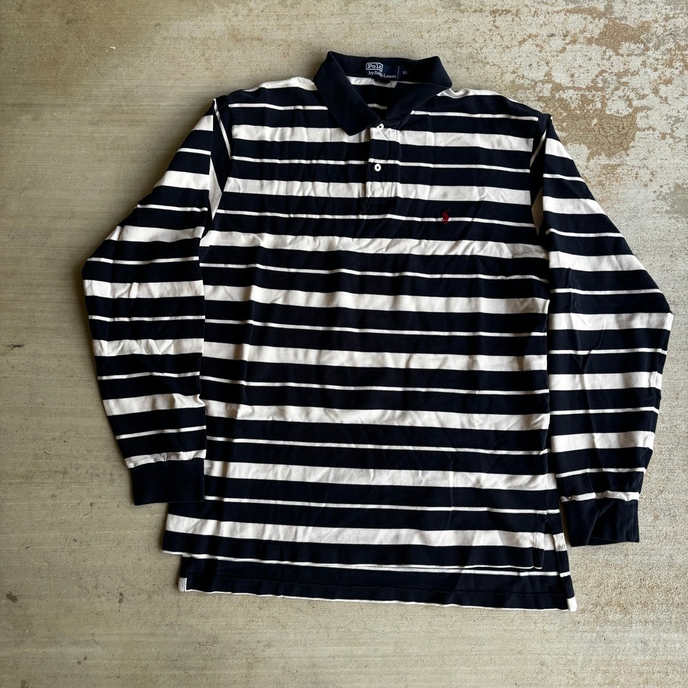 Polo Ralph Lauren Mens XL Long Sleeve Striped Polo Shirt Navy White Cotton